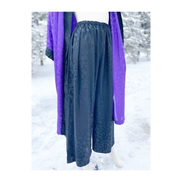 80s Diamond Tea Satin Loungewear Set Kimono Sleeve Duster Robe Trousers Purple B - Picture 16 of 16